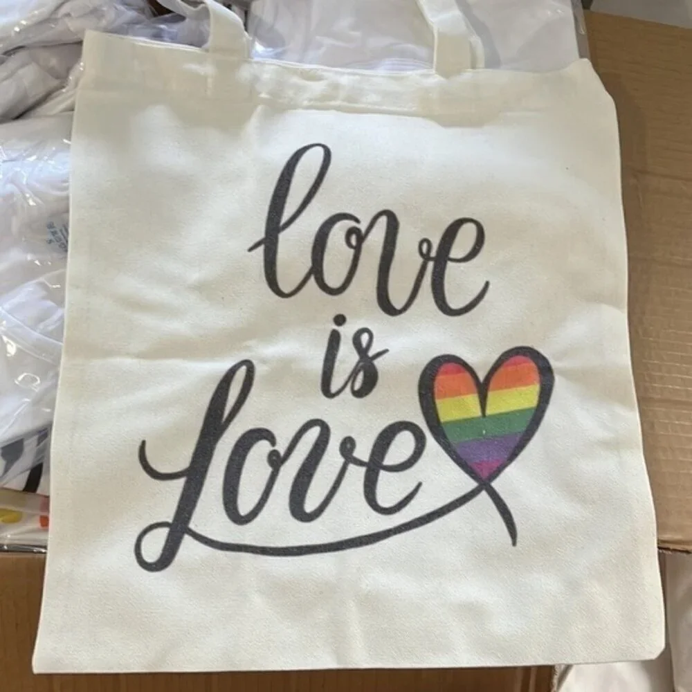 Love Is Love Rainbow Heart Tote Canvas Pride Bag LGBT Reusable Grocery 13x15 NWT